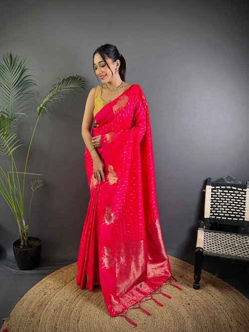 Dista Elora Red Lichi Silk Striped Jacquard Zari Weaving Banarasi Saree