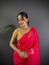 Dista Elora Red Lichi Silk Striped Jacquard Zari Weaving Banarasi Saree, view 2