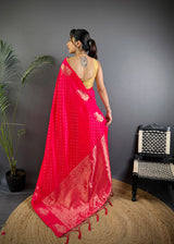 Dista Elora Red Lichi Silk Striped Jacquard Zari Weaving Banarasi Saree, view 3