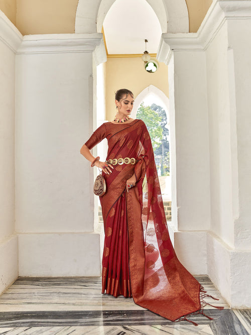 Dista Elora Red Linen Copper Zari Butta Designer Saree for Women