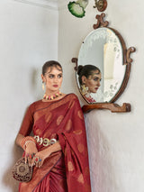 Dista Elora Red Linen Copper Zari Butta Designer Saree for Women, view 2