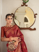 Dista Elora Red Linen Copper Zari Butta Designer Saree for Women, view 3