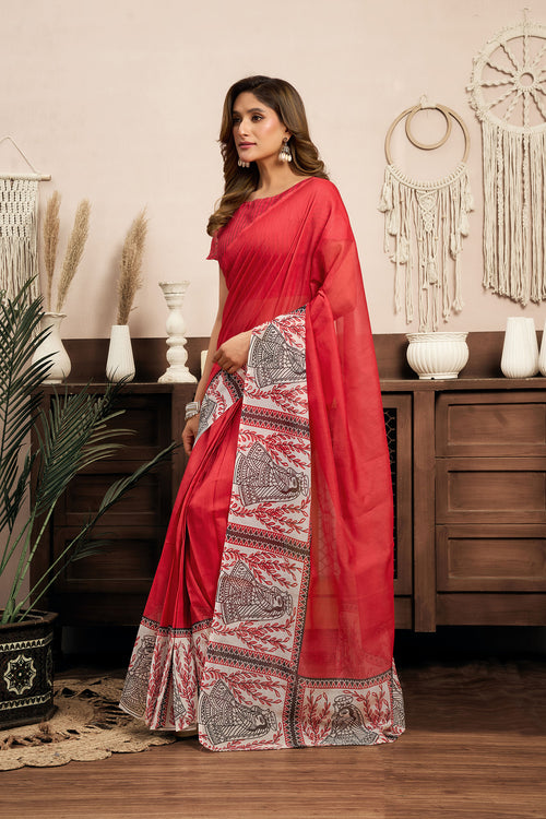 Dista Elora Red Linen Plain Printed Ready To Wear Saree