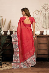 Dista Elora Red Linen Plain Printed Ready To Wear Saree, view 2