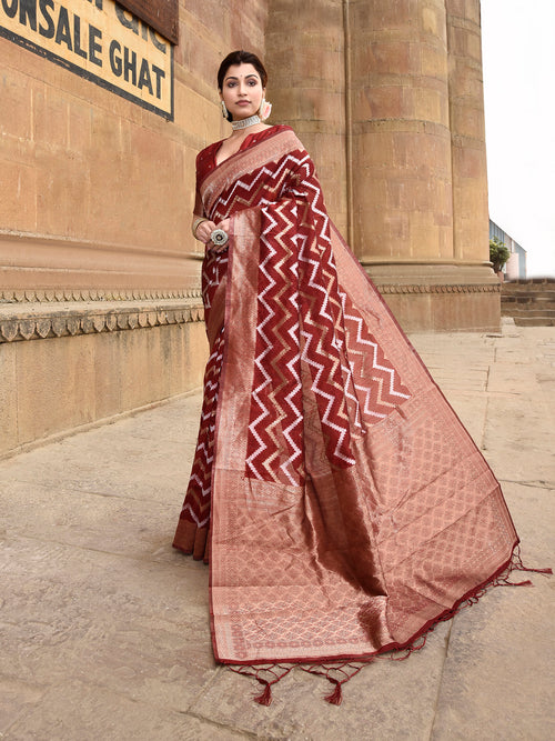 Dista Elora Red Linen Zig Zag Ikat Wedding wear Designer Saree