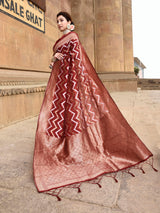Dista Elora Red Linen Zig Zag Ikat Wedding wear Designer Saree, view 2