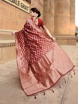 Dista Elora Red Linen Zig Zag Ikat Wedding wear Designer Saree, view 3