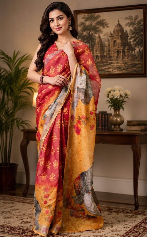 Dista Elora Red & Orange Chanderi Cotton Floral Motifs Printed Ready To Wear Saree