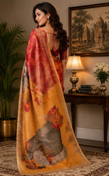 Dista Elora Red & Orange Chanderi Cotton Floral Motifs Printed Ready To Wear Saree, view 2