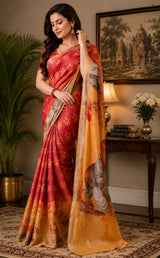 Dista Elora Red & Orange Chanderi Cotton Floral Motifs Printed Ready To Wear Saree, view 3