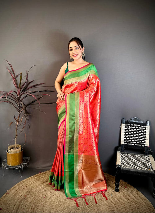 Dista Elora Red & Pink Soft Silk Zari Weaving Banarasi Saree