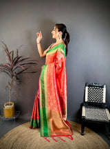 Dista Elora Red & Pink Soft Silk Zari Weaving Banarasi Saree, view 2