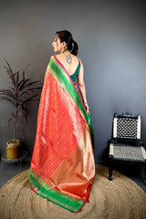 Dista Elora Red & Pink Soft Silk Zari Weaving Banarasi Saree, view 3