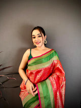 Dista Elora Red & Pink Soft Silk Zari Weaving Banarasi Saree, view 4