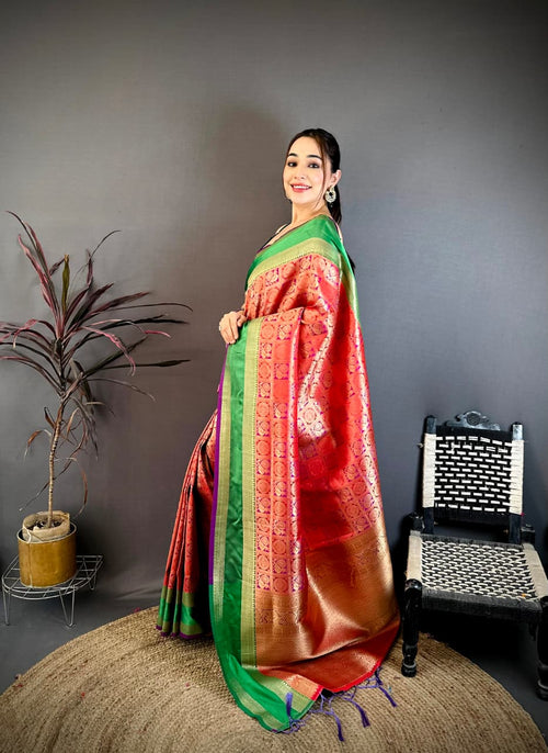 Dista Elora Red & Purple Soft Silk Zari Weaving Banarasi Saree