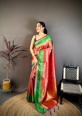 Dista Elora Red & Purple Soft Silk Zari Weaving Banarasi Saree, view 2