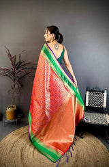 Dista Elora Red & Purple Soft Silk Zari Weaving Banarasi Saree, view 3