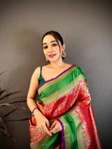 Dista Elora Red & Purple Soft Silk Zari Weaving Banarasi Saree, view 4