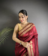 Dista Elora Red Raw Silk Zari Woven Kanjivaram Saree, view 4