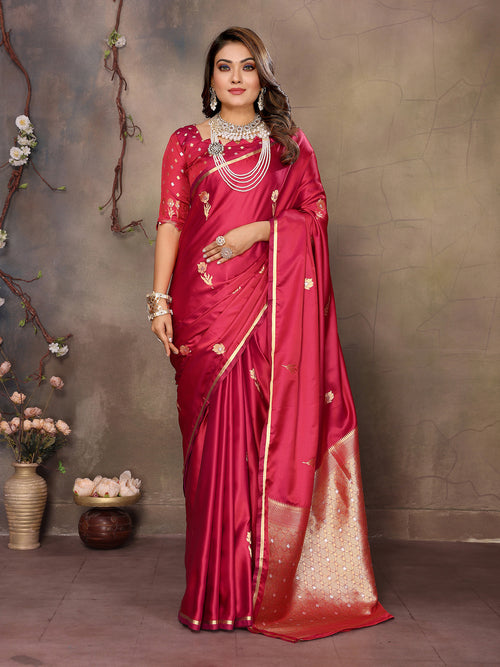Dista Elora Red Satin Silk Floral & Botanical Motifs Zari Woven Banarasi Saree