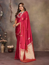 Dista Elora Red Satin Silk Floral & Botanical Motifs Zari Woven Banarasi Saree, view 2