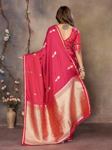 Dista Elora Red Satin Silk Floral & Botanical Motifs Zari Woven Banarasi Saree, view 3