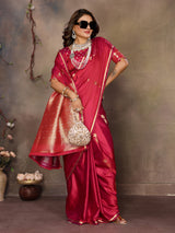 Dista Elora Red Satin Silk Floral & Botanical Motifs Zari Woven Banarasi Saree, view 4