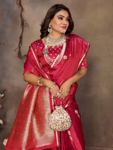 Dista Elora Red Satin Silk Floral & Botanical Motifs Zari Woven Banarasi Saree, view 5