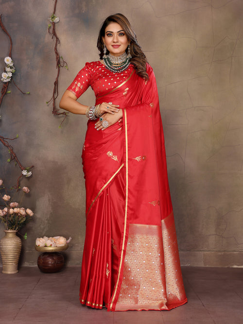 Dista Elora Red Satin Silk Floral & Botanical Motifs Zari Woven Banarasi Saree