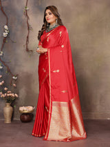 Dista Elora Red Satin Silk Floral & Botanical Motifs Zari Woven Banarasi Saree, view 2