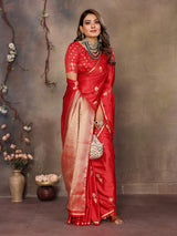 Dista Elora Red Satin Silk Floral & Botanical Motifs Zari Woven Banarasi Saree, view 3