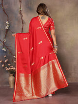 Dista Elora Red Satin Silk Floral & Botanical Motifs Zari Woven Banarasi Saree, view 4