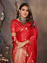 Dista Elora Red Satin Silk Floral & Botanical Motifs Zari Woven Banarasi Saree, view 5