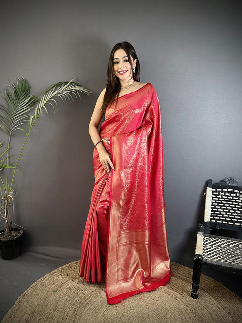 Dista Elora Red Satin Silk Floral Motifs & Ethnic Silver Zari Design Kanchipuram Saree