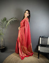 Dista Elora Red Satin Silk Floral Motifs & Ethnic Silver Zari Design Kanchipuram Saree, view 2