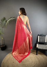Dista Elora Red Satin Silk Floral Motifs & Ethnic Silver Zari Design Kanchipuram Saree, view 3