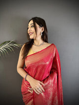 Dista Elora Red Satin Silk Floral Motifs & Ethnic Silver Zari Design Kanchipuram Saree, view 4