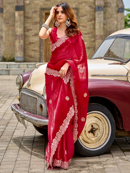 Dista Elora Red Shimmer Chiffon Geometric Embroidery Work Bollywood Saree