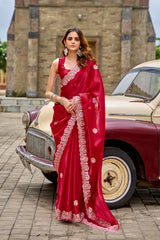 Dista Elora Red Shimmer Chiffon Geometric Embroidery Work Bollywood Saree, view 2