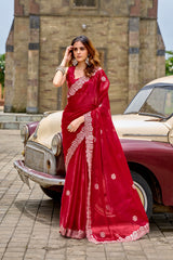 Dista Elora Red Shimmer Chiffon Geometric Embroidery Work Bollywood Saree, view 3