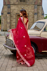 Dista Elora Red Shimmer Chiffon Geometric Embroidery Work Bollywood Saree, view 4
