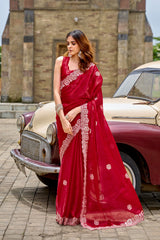 Dista Elora Red Shimmer Chiffon Geometric Embroidery Work Bollywood Saree, view 5