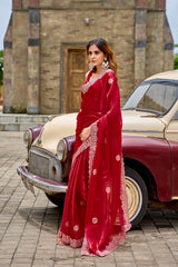 Dista Elora Red Shimmer Chiffon Geometric Embroidery Work Bollywood Saree, view 6
