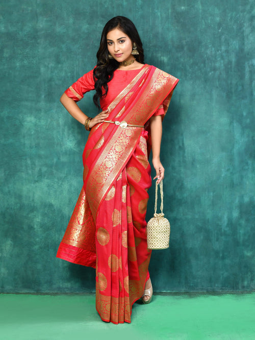 Dista Elora Red Silk Blend Banarasi Woven Designer Saree For Women