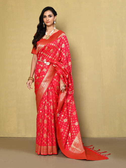 Dista Elora Red Silk Blend Banarasi Woven Designer Saree For Women With unstitched blouse