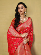 Dista Elora Red Silk Blend Banarasi Woven Designer Saree For Women With unstitched blouse, view 4