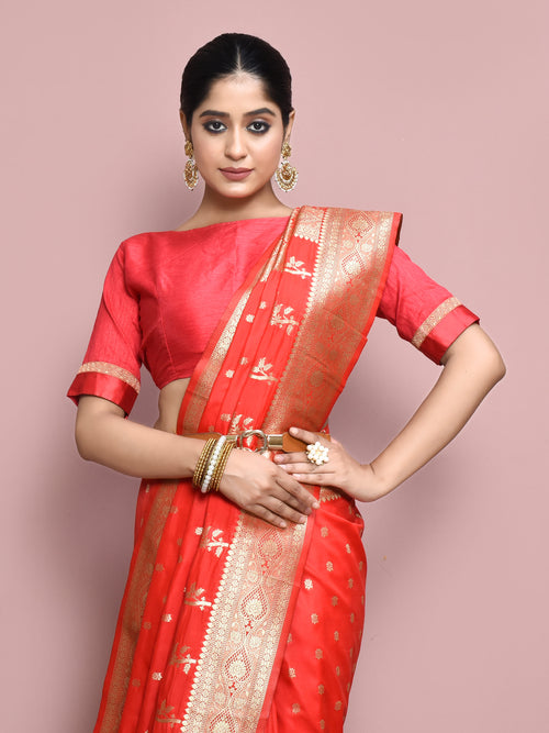 Dista Elora Red Silk Blend Woven Designer Banarasi Saree For Women