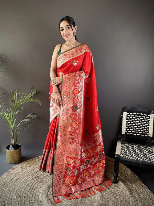 Dista Elora Red Soft Lichi Silk Elephant & Floral Motifs Minakari Work Banarasi Saree