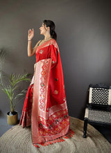 Dista Elora Red Soft Lichi Silk Elephant & Floral Motifs Minakari Work Banarasi Saree, view 2