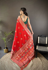 Dista Elora Red Soft Lichi Silk Elephant & Floral Motifs Minakari Work Banarasi Saree, view 3